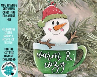 Mug Friends Snowman Christmas Ornament File SVG, Santa, Winter, Cocoa, Coffee, Cup, Frosty, Glowforge, LuckyHeartDesignsCo