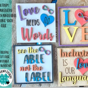 自閉症啓発交換可能傾斜サインファイル SVG、Inclusion Glowforge、LuckyHeartDesignsCo