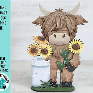 Pichet à lait tournesol Highland fichier SVG, Glowforge, vache, été, automne, fleur, ferme, plateau à plusieurs niveaux LuckyHeartDesignsCo