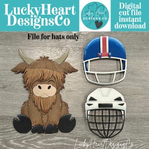 May include: A digital cut file featuring a brown Highland cow illustration with horns and black hooves, accompanied by two sports helmets: a blue football helmet with a red stripe and a white hockey helmet with a black cage, labelled File for hats only.