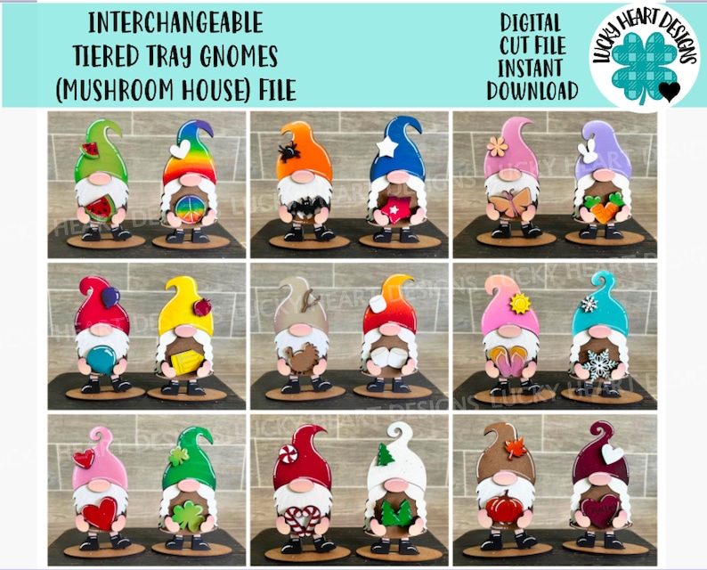 Op de afbeelding: Een set van 12 digitale snijbestanden voor gnomen voor een gelaagd dienblad. Elke gnom heeft een andere hoed en ontwerp, waaronder watermeloen, vredesteken, spin, ster, vlinder, hart, pompoen en meer. De gnomen zijn ontworpen voor gebruik met een gelaagd dienblad en de bestanden kunnen worden gebruikt met een snijmachine.