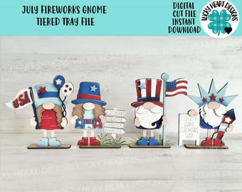 July Fireworks Gnome Tiered Tray File SVG, America, USA, Fourth, Flag, Statue of Liberty, Holiday Decor, Glowforge, LuckyHeartDesignsCo
