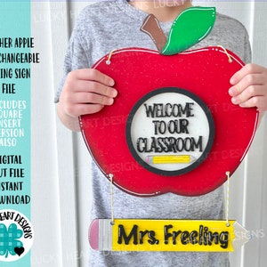 Teacher Apple Interchangeable Leaning Sign File, Glowforge School, LuckyHeartDesignsCo Base