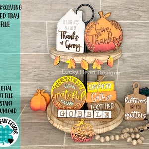 Thanksgiving Tiered Tray File SVG, Glowforge Laser, Thankful Fall Tier Tray, LuckyHeartDesignsCo