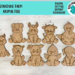 Arquivo de animais de fazenda em pé SVG, zoológico, berçário, circo, vaca das terras altas, cavalo, porco, frango, bandeja em camadas de fazenda de cabras Glowforge, LuckyHeartDesignsCo