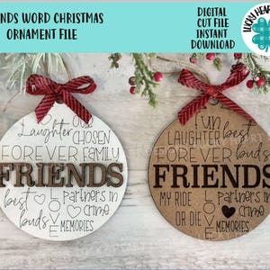 Arquivo de enfeite de Natal de arte de palavras de amigos SVG, Glowforge, etiqueta de chaveiro, meia, presente, LuckyHeartDesignsCo