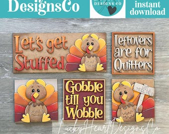 May include: A collection of Thanksgiving-themed digital cut files. The designs include turkey illustrations and phrases like "Let's get Stuffed" and "Leftovers are for Quitters". The color palette features warm tones of orange, red, and brown.