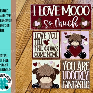 Valentine Highland Cow Interchangeable Leaning Sign File SVG, Glowforge Tiered Tray, LuckyHeartDesignsCo
