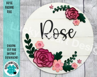 Rose Floral file SVG, Glowforge, Layered Flower,  Flower Round Name Sign, LuckyHeartDesignsCo