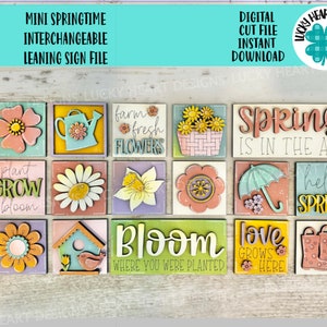 MINI fichier de signe penché interchangeable printemps SVG, maison d'oiseau, fleur, parapluie, plateau à plusieurs niveaux Glowforge, LuckyHeartDesignsCo