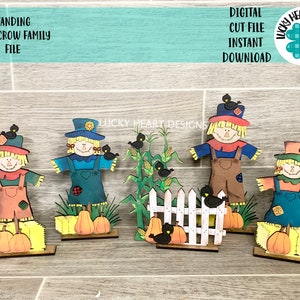 Standing Scarecrow Family Fall File SVG, Glowforge Tiered Tray, LuckyHeartDesignsCo