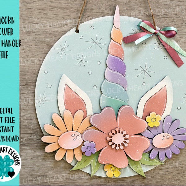 Unicorn Flower Door Hanger Sign File SVG, Spring Flower, Horse, Floral, Girls, Glowforge, LuckyHeartDesignsCo