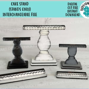 Könnte beinhalten: Eine Sammlung von Kuchenständern in verschiedenen Stilen und Farben. Die Ständer sind in Schwarz, Grau und Weiß gehalten und haben dekorative, mit Perlen besetzte Kanten. Das Bild enthält den Text "CAKE STAND (STANDS ONLY) INTERCHANGEABLE FILE" und "DIGITAL CUT FILE INSTANT DOWNLOAD".