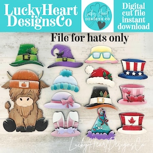 May include: A collection of colorful hat designs, including a green leprechaun hat, a witch hat, a Santa hat, and a patriotic Uncle Sam hat. The image also features a Highland cow wearing a beanie. Text on the image says "File for hats only."