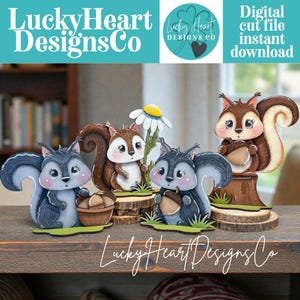 May include: A collection of wooden squirrel figurines in various poses, holding acorns and standing on wooden bases. The squirrels are painted in shades of brown, gray, and white, with cartoon-like features. The image includes the text "LuckyHeart Designs Co" and "Digital cut file instant download."