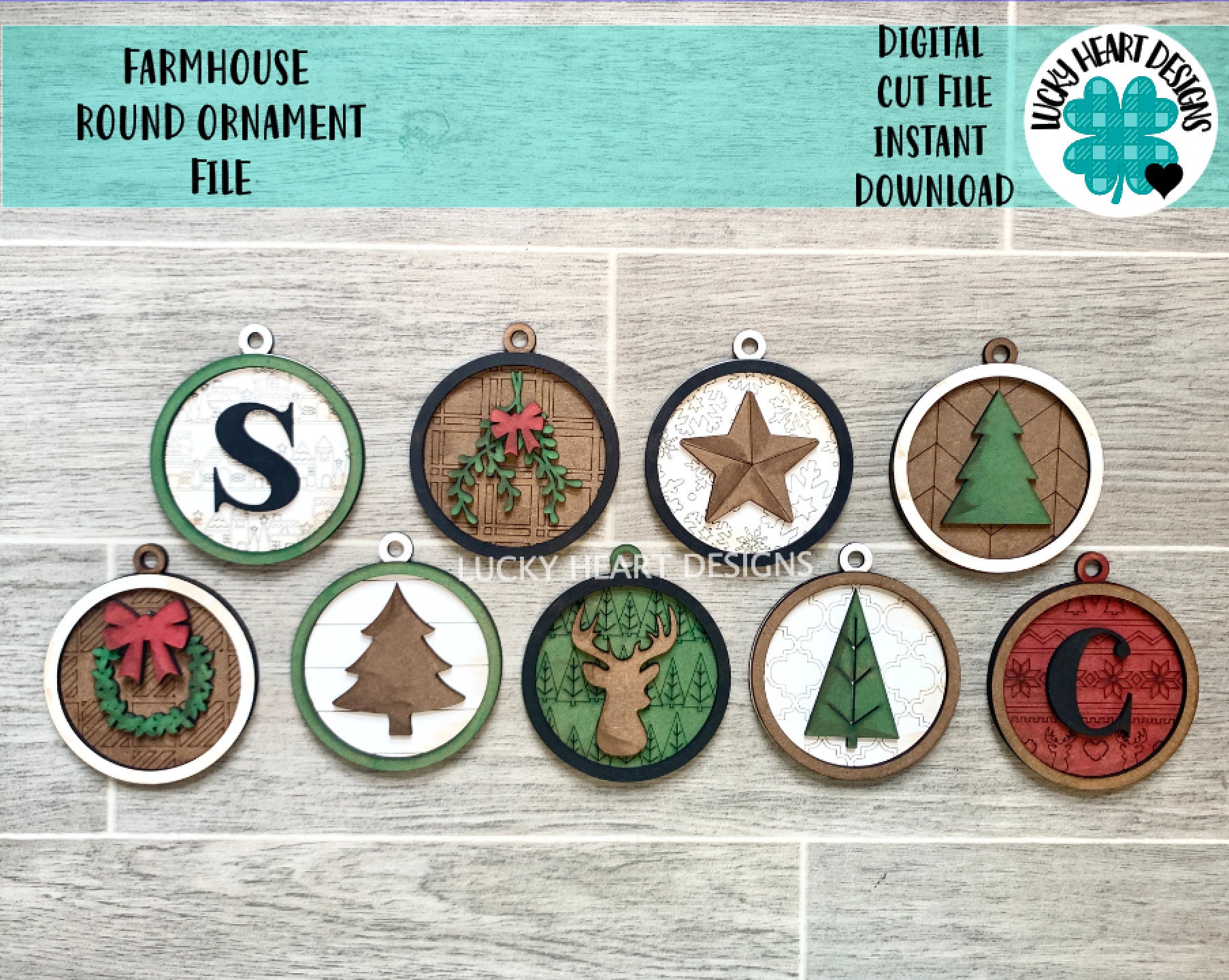 Farmhouse Round Christmas Ornament File SVG, Holiday glowforge, Lucky…