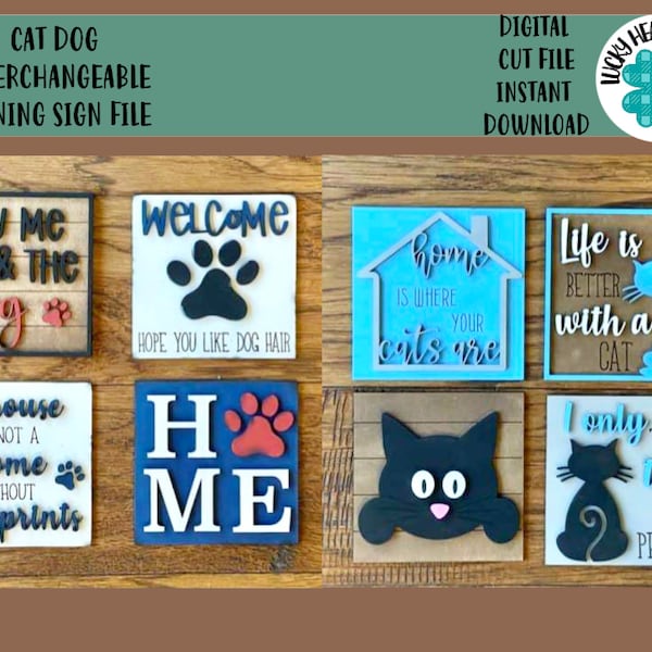 Cat Dog Interchangeable Leaning Sign File SVG, Tiered Tray Glowforge, LuckyHeartDesignsCo