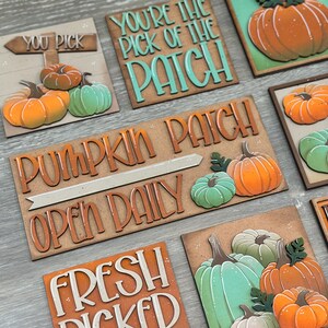 Peut inclure: Ensemble de panneaux en bois avec des motifs de citrouilles et du texte. Les panneaux pr&eacute;sentent des citrouilles orange et vertes, avec des phrases comme "You Pick", "Pumpkin Patch" et "Fresh Picked". Les panneaux sont sur un fond en bois clair.