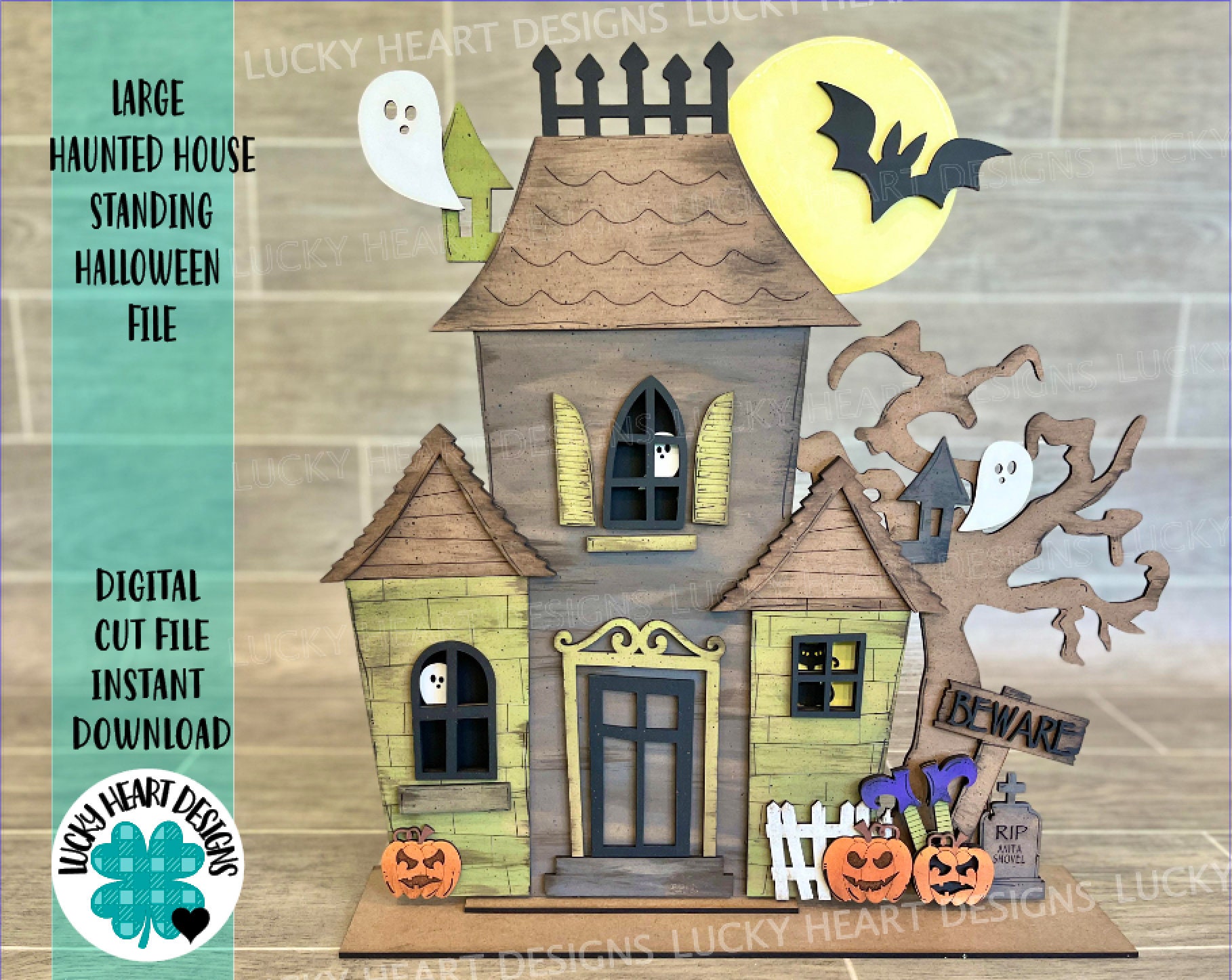 Large Haunted House Standing Halloween File SVG, Glowforge