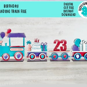 Cumpleaños Archivo de tren de pie SVG, Globos, Pastel, Cupcake, Velas, Celebrar, Bandeja escalonada Glowforge, LuckyHeartDesignsCo