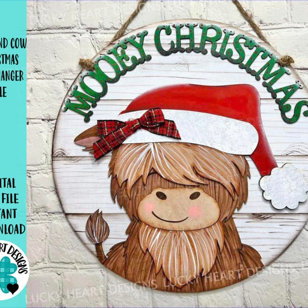 Highland Cow Christmas Door Hanger File SVG, Glowforge Farm, LuckyHeartDesignsCo