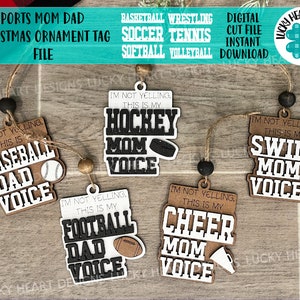 Sport Mama Papa Weihnachten Ornament Tag Datei SVG, Glowforge, Autoanhänger, Bag Tag, Fußball, Jubel, Fußball, Hockey, Baseball, LuckyHeartDesignsCo