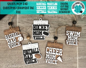 Sports Mom Dad Christmas Ornament Tag File SVG, Glowforge, Car Charm, Bag Tag, Football,Cheer, Soccer, Hockey, Baseball, LuckyHeartDesignsCo