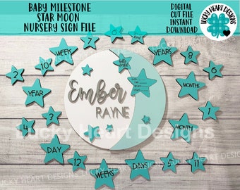 Baby Milestone Star Moon Sign SVG FILE, GLOWFORGE, LuckyHeartDesignsCo
