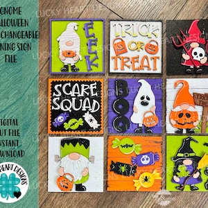 Gnome Halloween Interchangeable Leaning Sign File SVG, Glowforge Tiered Tray, LuckyHeartDesignsCo