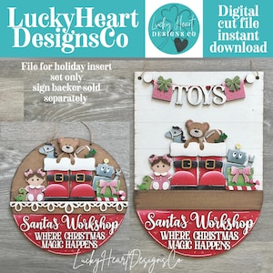 May include: Two wooden sign designs featuring Santa's boots filled with toys, a teddy bear, a robot, and a doll. The signs include the text Santa's Workshop Where Christmas Magic Happens. The rectangular sign also features the word TOYS.