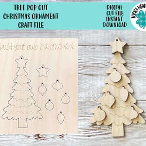 Peut inclure: Un fichier de découpe numérique pour un projet d'artisanat d'ornement d'arbre de Noël. Le fichier comprend un arbre, une étoile et des ornements qui peuvent être découpés et assemblés pour créer un ornement 3D.