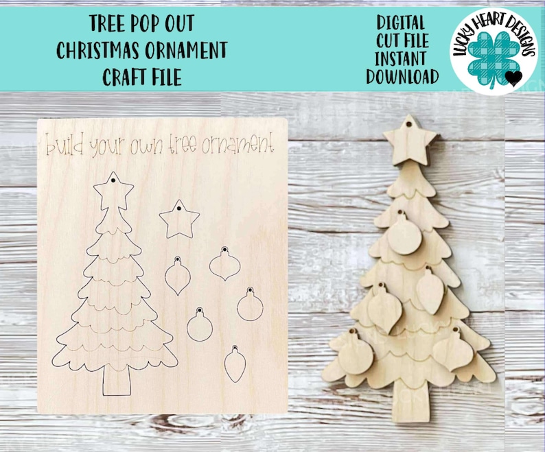 Puede incluir: Un archivo de corte digital para un proyecto de artesan&iacute;a de adorno de &aacute;rbol de Navidad. El archivo incluye un &aacute;rbol, una estrella y adornos que se pueden cortar y ensamblar para crear un adorno 3D.