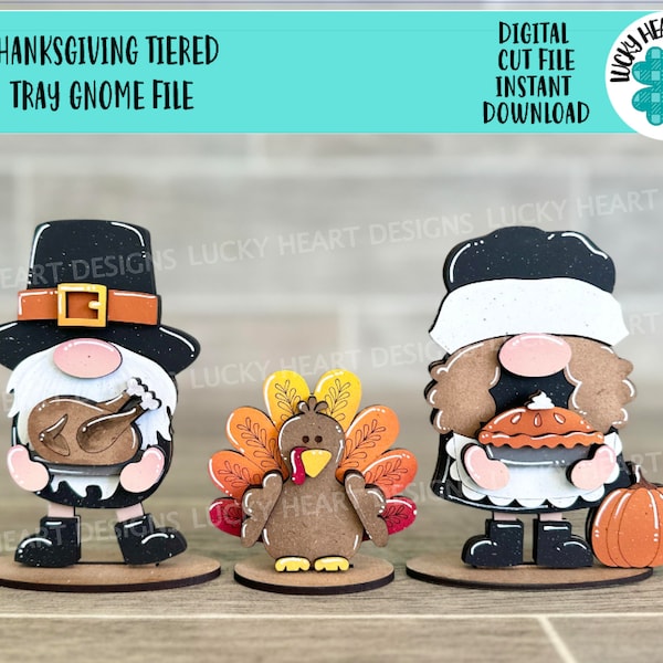 Thanksgiving Tiered Tray Gnome File SVG, Pilgrim, Turkey, Holiday Decor, Glowforge, LuckyHeartDesignsCo