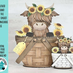 File intercambiabile SVG con girasole delle Highlands per cesto di fiori, piccolo vassoio floreale estivo autunnale Glowforge, LuckyHeartDesignsCo