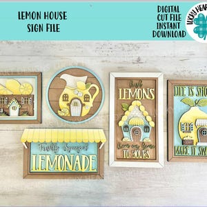 May include: A collection of wooden signs with a lemon theme. The signs feature various designs, including a lemon house, a pitcher of lemonade, and the text "Fresh Lemons" and "Life is Short, Make it Sweet". The signs are in a variety of shapes and sizes.
