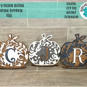 Leafy Floral Initial Standing Pumpkin File SVG, Glowforge. LuckyHeartDesignsCo