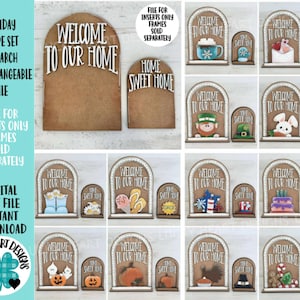 May include: A holiday shape set with interchangeable file. The set includes a tall arch with "WELCOME TO OUR HOME" and a smaller arch with "HOME SWEET HOME". Various seasonal inserts are shown, including a mug, a leprechaun, and a pumpkin.