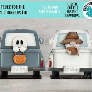 May include: Two wooden truck cut files for a craft project. One truck has a ghost with a pumpkin bucket in the back. The other truck has a gnome with a leaf in the back. Both trucks have the words "Special Delivery" on the license plate.