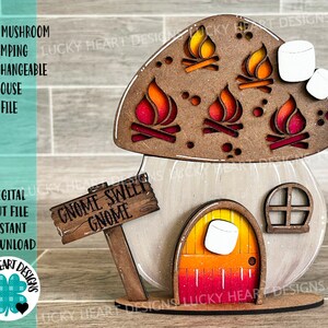 May include: A wooden gnome mushroom house with a red and orange door, a sign that says "Gnome Sweet Gnome", and a brown roof with cutouts of flames and marshmallows.