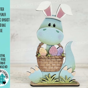 Arquivo de pé de cesta de dinossauro de Páscoa SVG, Glowforge, ovo, triceratops, T-rex, coelho dinossauro, LuckyHeartDesignsCo