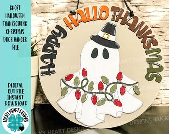 Ghost Halloween Thanksgiving Christmas Door Hanger File SVG, Glowforge, Holiday, Decor Sign, Pilgrim, Lights, LuckyHeartDesignsCO