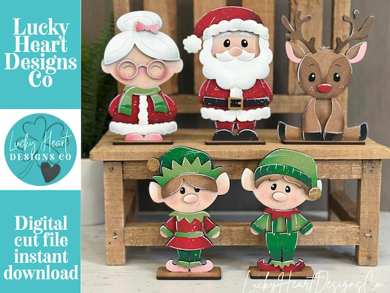 Santa and Friends Christmas Standing File SVG, Mrs, Claus, Elves, Sleigh, Glowforge  Rudolph Elf Holiday Tiered Tray LuckyHeartDesignsCo