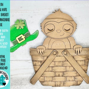 May include: A digital cut file for a sloth in a basket with a shamrock hat. The file is for personal use only. The sloth, basket, and hat are separate pieces.