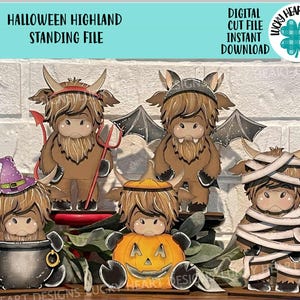 Momia de las Tierras Altas de Halloween (archivo SVG), calabaza, bruja, Jack-o-lantern, granja, diablo, murciélago, bandeja escalonada Glowforge, LuckyHeartDesignsCo