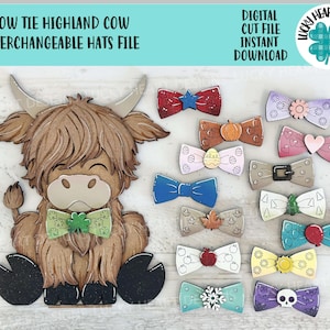 Bow Tie the Highland Cow File di cappelli intercambiabili SVG, stagionale, vassoio a più livelli della fattoria Glowforge, LuckyHeartDesignsCo