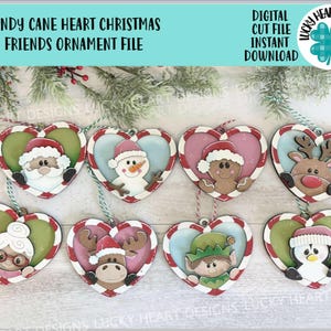 Adorno navideño de corazón de bastón de caramelo, archivo SVG de amigos, Papá Noel, Rodolfo, Elfo, Alce, Pingüino, Muñeco de nieve, Pan de jengibre Glowforge, LuckyHeartDesignsCo