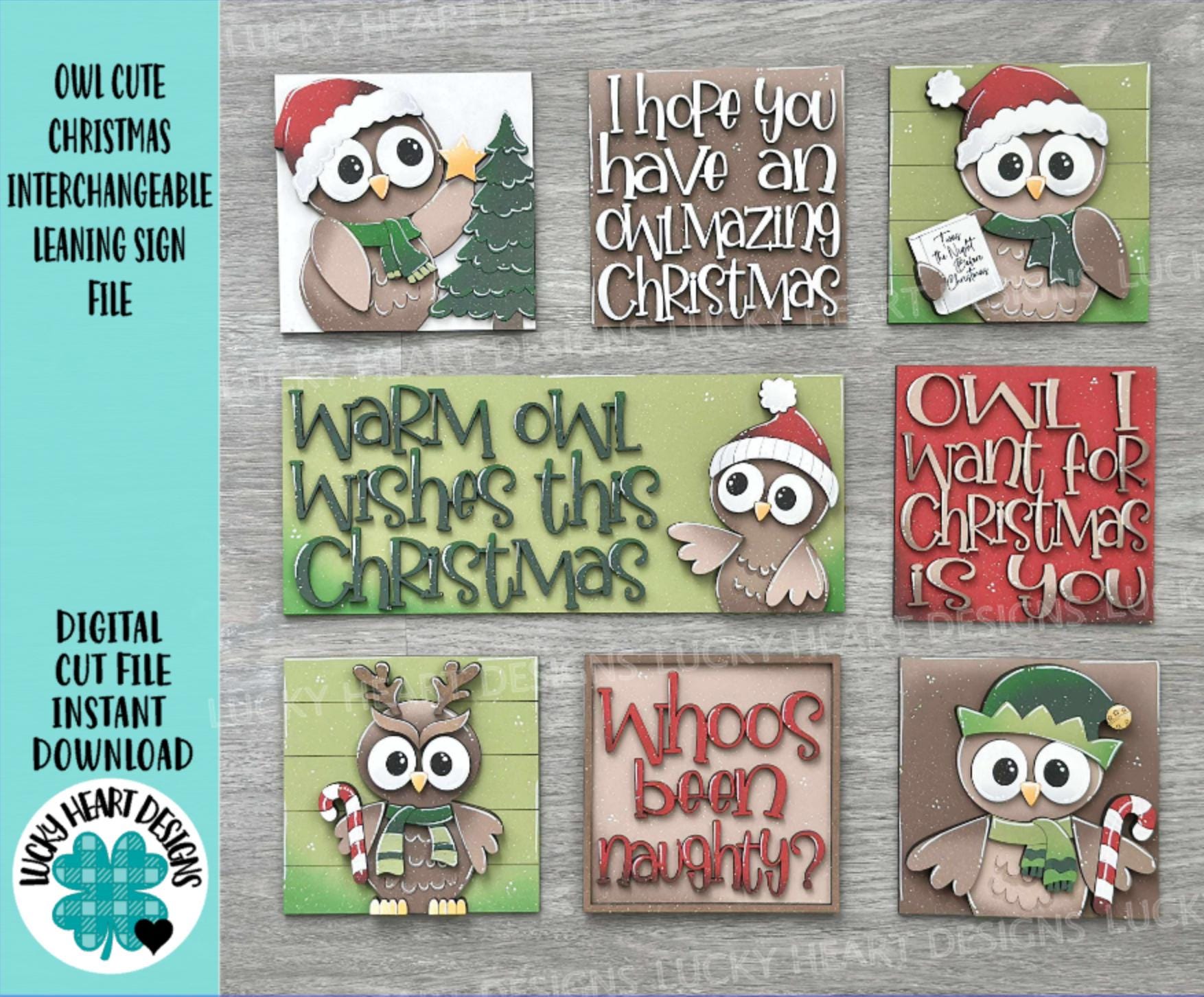 Owl Cute Christmas Interchangeable Leaning Sign File SVG, Glowforge, Rudolph, Santa, Wreath, Lights,
