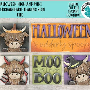 Halloween Highland MINI verwisselbare scheve teken bestand SVG, pompoen, heks, duivel, Halloween gelaagde lade Glowforge, LuckyHeartDesignsCo
