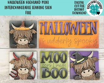 May include: A collection of Halloween-themed Highland cow signs. The signs feature a cow with various Halloween accessories, including a pumpkin hat, devil horns, and a witch hat. The signs also include the phrases "Halloween is udderly spooky" and "Moo oops I mean Boo".