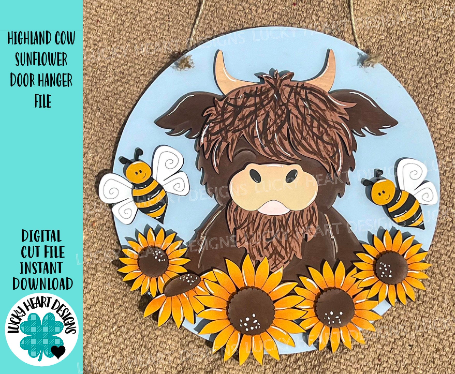 Highland Cow Sunflower Door Hanger File SVG, Summer, Fall, Farm
